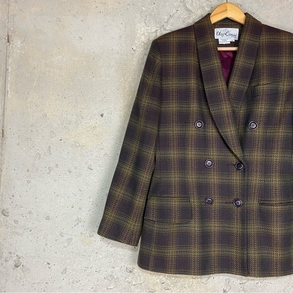 Vintage Oleg Cassini brown plum purple tan plaid double breasted blazer medium 8